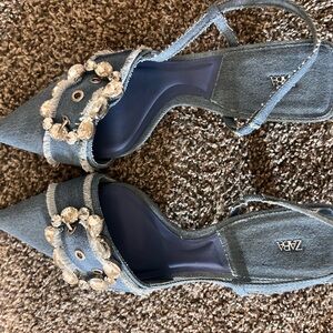 ZARA Denim Pointed Slingback Heels with Crystal Buckle - Blue